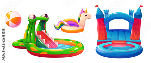 Aquapark water slide vector icon illustration. Inflatable waterslide with pool cartoon summer bouncy set. aquatic summer amusement with castle, unicorn and frog slider equipment graphic collection