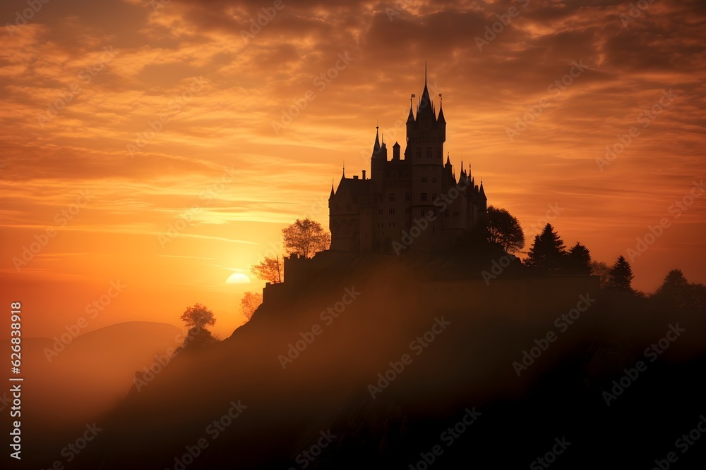 A breathtaking silhouette of a castle atop a hill, bathed in the warm hues of sunrise.