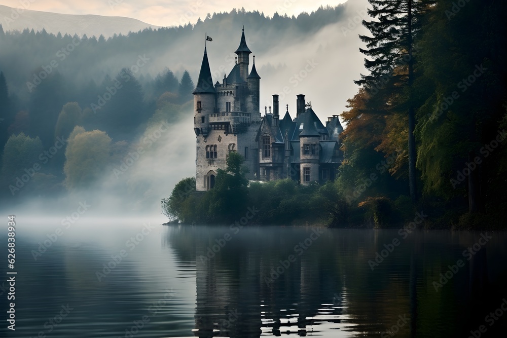 A stunning image of a castle emerging from the morning mist, evoking a sense of mystique and allure.