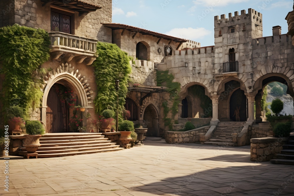 An engaging photo of a rustic medieval castle courtyard, depicting the day-to-day life during the medieval period.