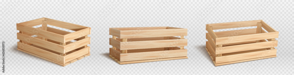 Realistic set of wooden crates isolated on transparent background. Vector illustration of empty wood boxes for food packing and transportation, fruit and vegetable storage, warehouse container