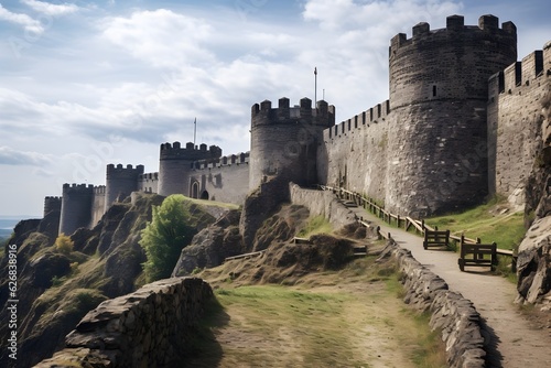 A strategic photo of a castle's ramparts and defensive walls, demonstrating the strength and resilience of medieval fortifications