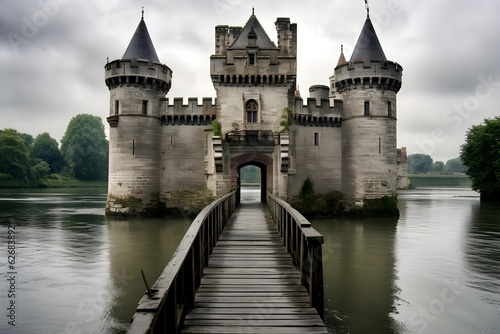 An interesting image of a castle drawbridge over a moat, symbolizing the protective measures taken during medieval times. photo