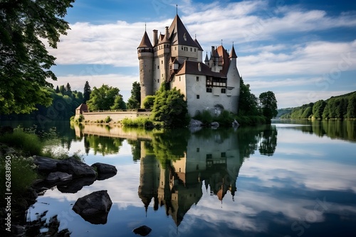 A tranquil photo of a medieval castle mirrored in a calm lake, inspiring a sense of serenity and reflection.