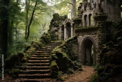 An intriguing photo of the abandoned ruins of a medieval castle nestled in a forest  invoking a sense of mystery and adventure.