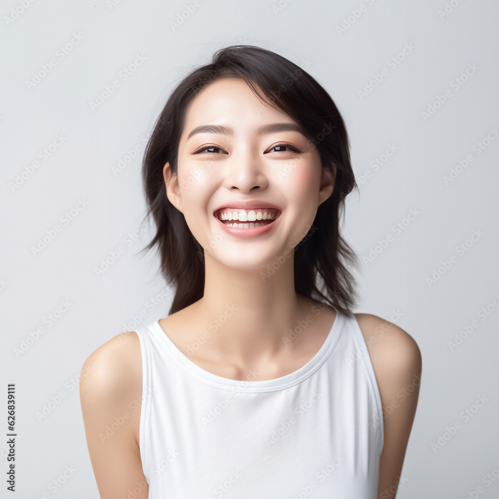 A young and beautiful Asian girl lights up the frame with her enchanting smile, dressed in a crisp white vest, set against a clean and immaculate white background. generative AI. A young and beautiful Asian girl lights up the frame with her enchanting smile, dressed in a crisp white vest, set against a clean and immaculate white background. generative AI.