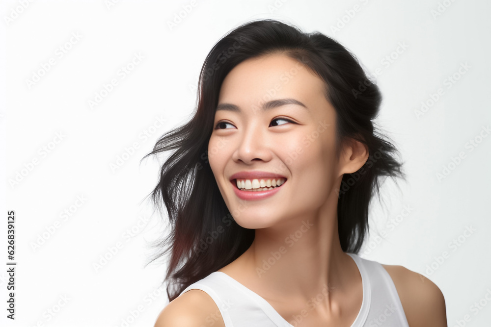 A young and beautiful Asian girl lights up the frame with her enchanting smile, dressed in a crisp white vest, set against a clean and immaculate white background. generative AI.