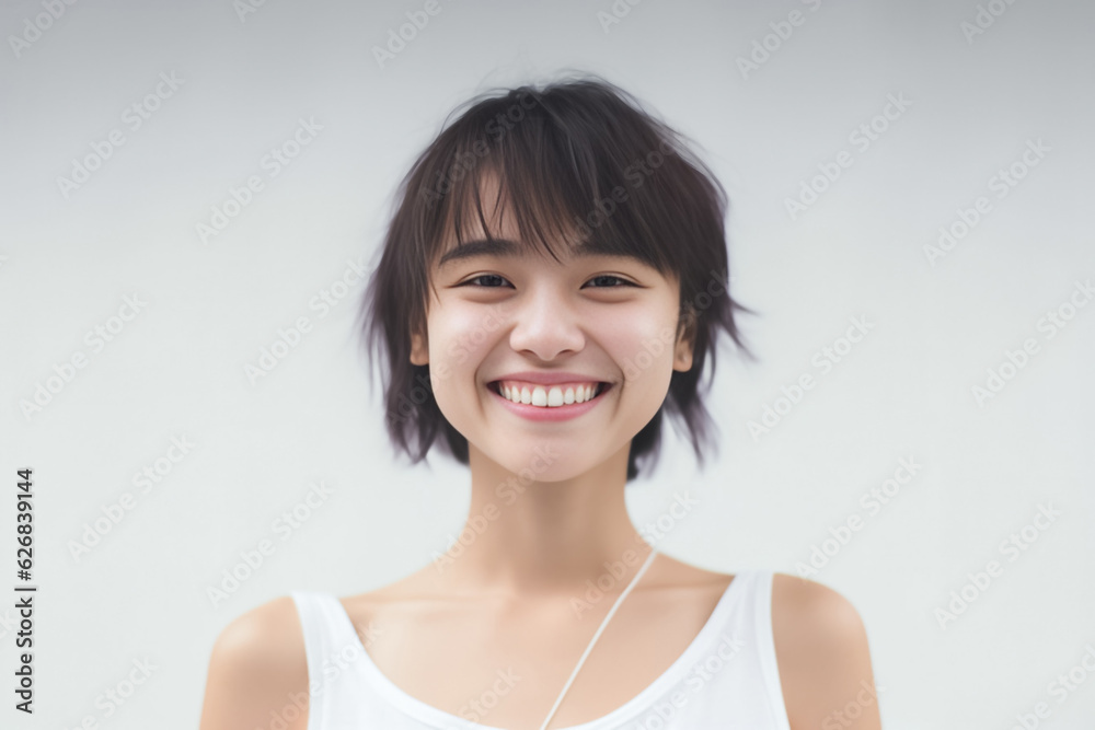 A young and beautiful Asian girl lights up the frame with her enchanting smile, dressed in a crisp white vest, set against a clean and immaculate white background. generative AI. A young and beautiful Asian girl lights up the frame with her enchanting smile, dressed in a crisp white vest, set against a clean and immaculate white background. generative AI.