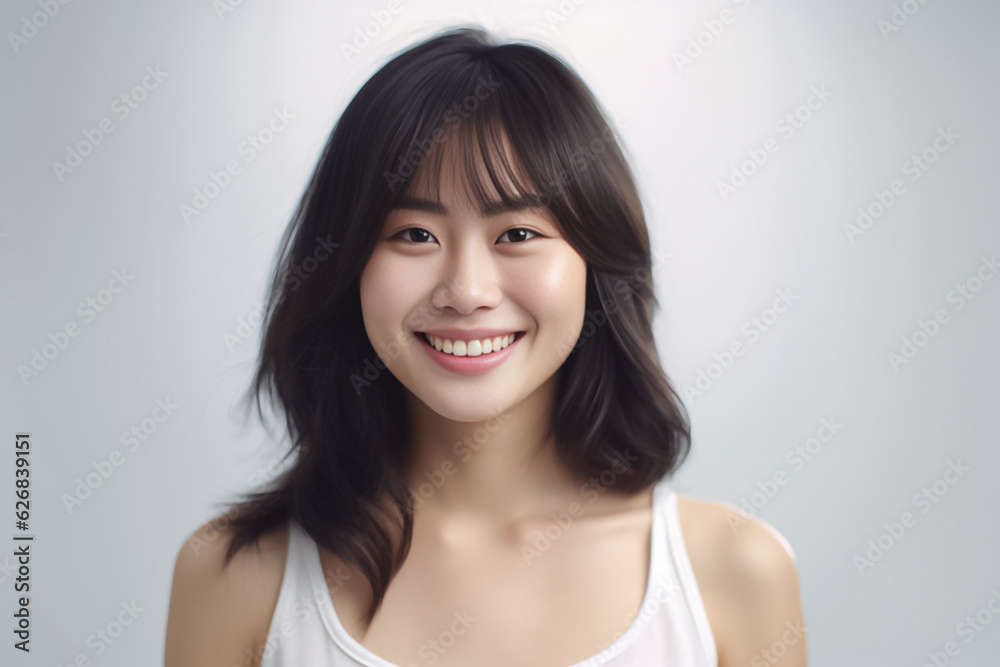A young and beautiful Asian girl lights up the frame with her enchanting smile, dressed in a crisp white vest, set against a clean and immaculate white background. generative AI. A young and beautiful Asian girl lights up the frame with her enchanting smile, dressed in a crisp white vest, set against a clean and immaculate white background. generative AI.
