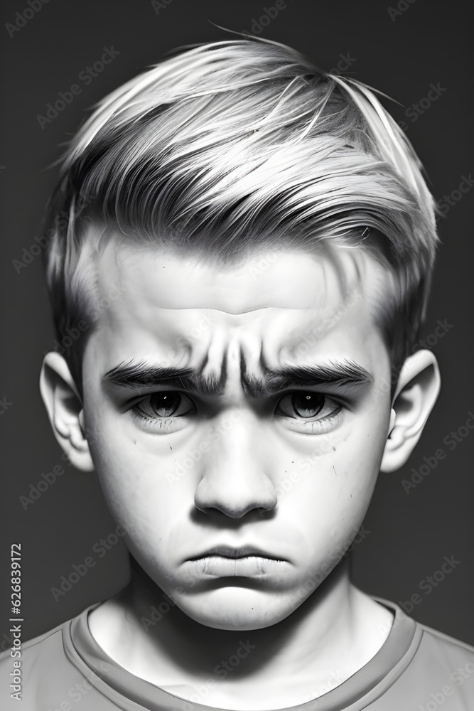 A young boy that has a very upset look on his face.