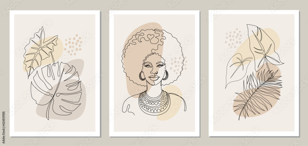 African woman and tropical leaves wall art set. Line art. Set of wallpapers, posters, covers. Girl with big curly hair and leaves of palm, monstera and alocasia. Boho style, pastel colors. Vector. African woman and tropical leaves wall art set. Line art. Set of wallpapers, posters, covers. Girl with big curly hair and leaves of palm, monstera and alocasia. Boho style, pastel colors. Vector.