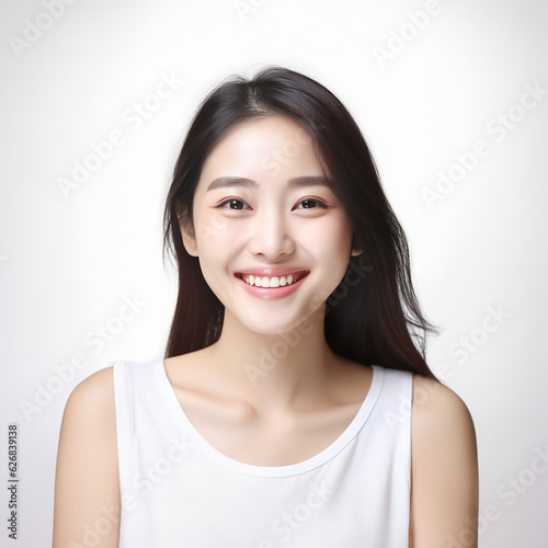 A young and beautiful Asian girl lights up the frame with her enchanting smile, dressed in a crisp white vest, set against a clean and immaculate white background. generative AI.