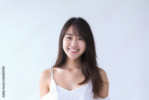 A young and beautiful Asian girl lights up the frame with her enchanting smile  dressed in a crisp white vest  set against a clean and immaculate white background. generative AI.
