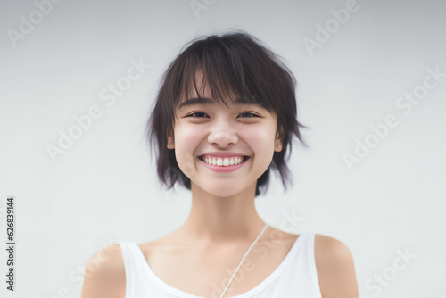 A young and beautiful Asian girl lights up the frame with her enchanting smile  dressed in a crisp white vest  set against a clean and immaculate white background. generative AI.