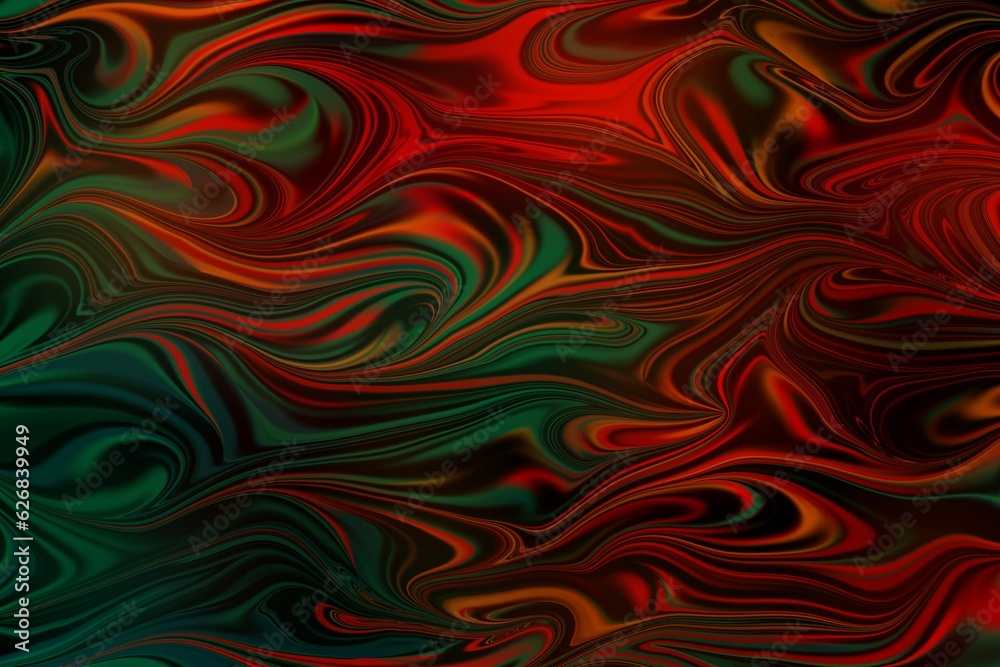 Background, blending of red, green, black and orange, decorative pattern resembling waves or reflections of colours on dark water surface Background, blending of red, green, black and orange, decorative pattern resembling waves or reflections of colours on dark water surface
