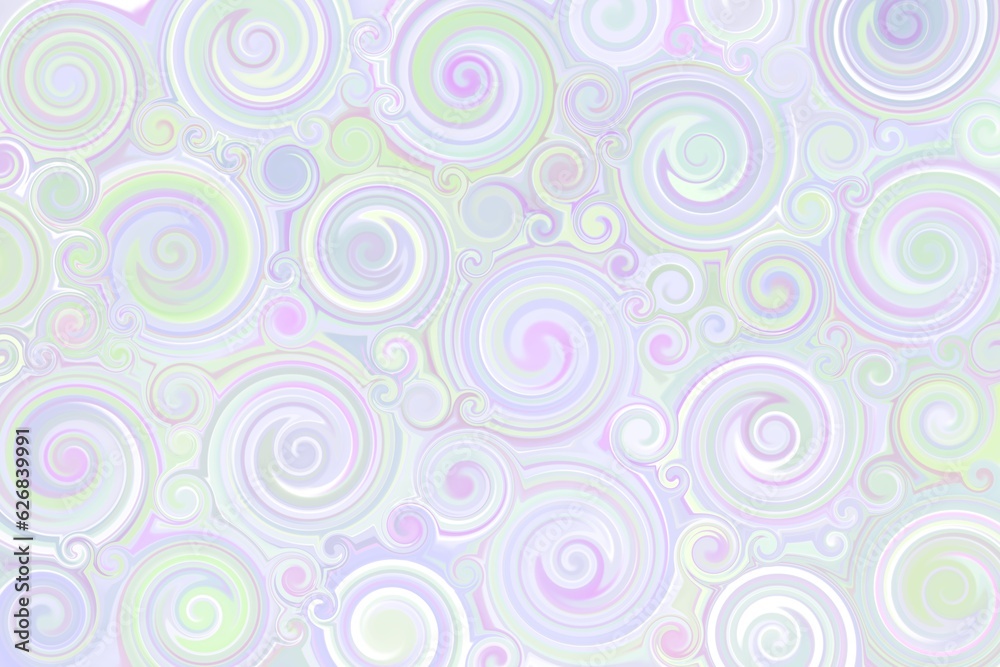 Decorative background, spiral intermingling of pastel shades of green, pink and blue
