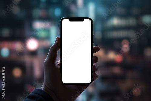 Close-up, hand holding smartphone with empty screen mockup