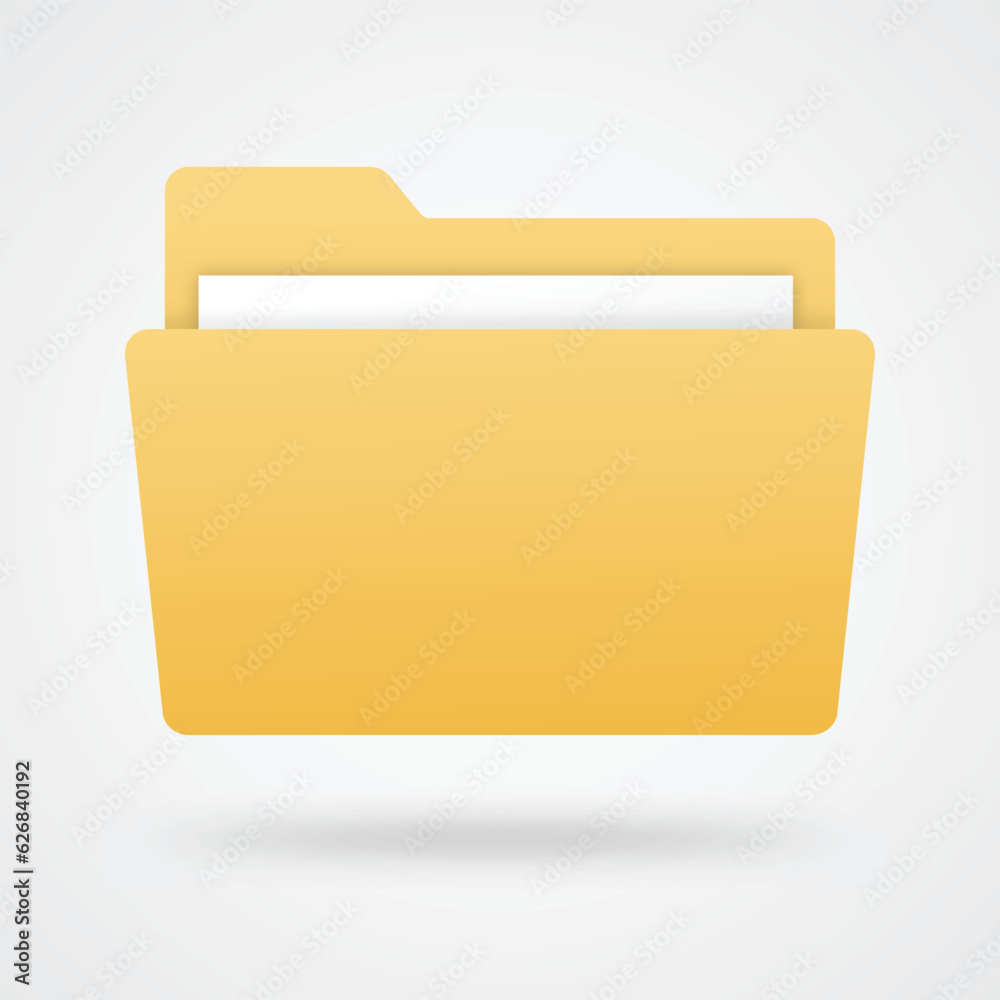 Realistic folder with document inside vector icon. Computer file folder with shadows and reflections icon. Realistic folder with document inside vector icon. Computer file folder with shadows and reflections icon.