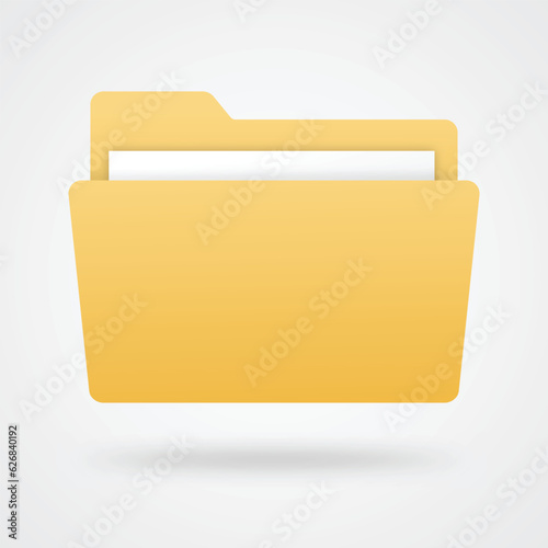 Realistic folder with document inside vector icon. Computer file folder with shadows and reflections icon.