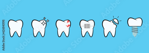Minimalistic teeth actions icon set flat style design. Tooth, shining tooth, toothache, fallen tooth and dental implant vector icons.
