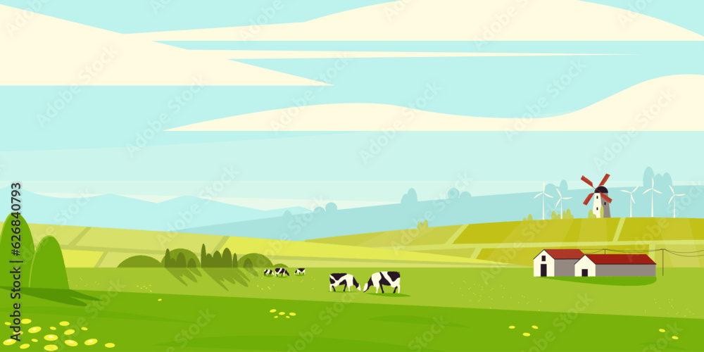 Rural summer landscape. Farm panorama with fields and animals. Horizontal country scenery with meadow and farm buildings. Vector illustration