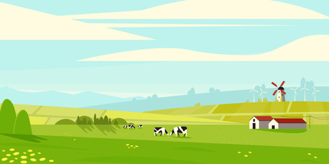 Fototapete Bauernhof Sommerliche Bauernhof Panoramalandschaft mit Wiesen  © Tartila