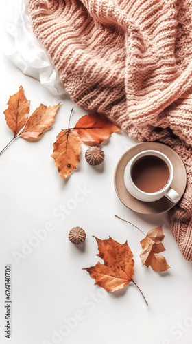 Cup of coffee, knitted element and leaves on a white background, generative AI.