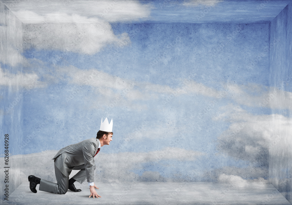 King businessman in elegant suit running in empty room with blue sky on wall King businessman in elegant suit running in empty room with blue sky on wall