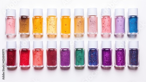 Group of bright nail polishes isolated on white. Bottles of nail polish. AI