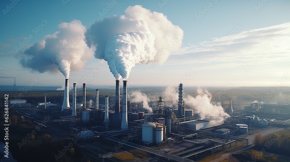 aerial view on pipes of chemical enterprise plant. Air pollution concept. Industrial landscape environmental pollution waste of thermal power plant with generative ai