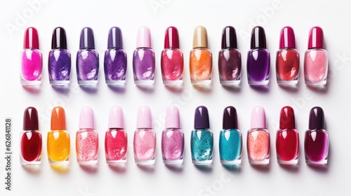 Group of bright nail polishes isolated on white. Bottles of nail polish. AI