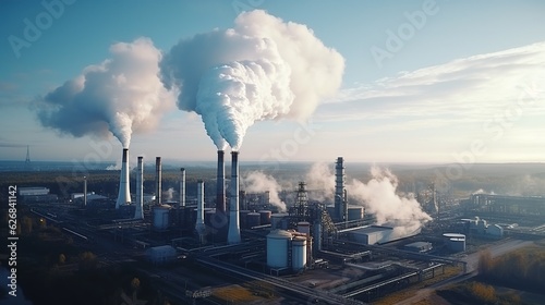 aerial view on pipes of chemical enterprise plant. Air pollution concept. Industrial landscape environmental pollution waste of thermal power plant with generative ai