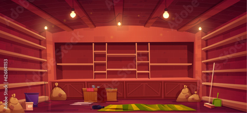 Empty shelf in home pantry storage cartoon illustration. Cellar storehouse interior to organise food, vegetables and box in basement room. Nobody in wooden underground storeroom with bottle spill