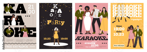 Karaoke posters. Cartoon karaoke banners with singer and microphone, retro pop music concert with singer. Vector karaoke performance set