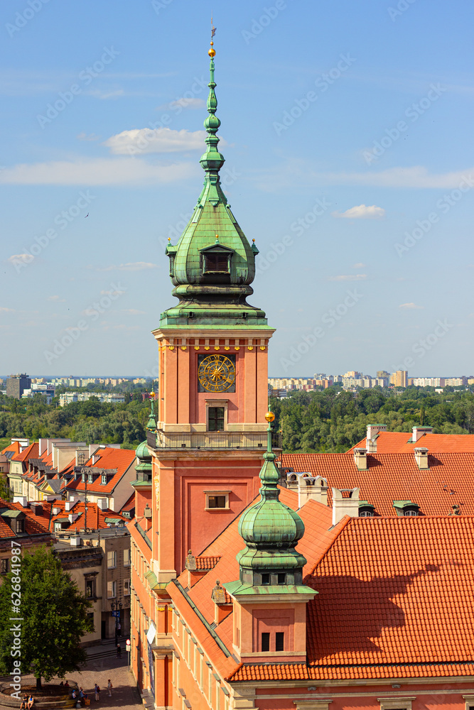 Tower of the Royal Castle in the Old Town (Stare Miasto) of Warsaw, Poland. Aerial view from the Taras Widokowy observation deck