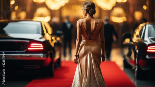 Stylish Woman in Sexy Evening Dress Arriving to Award Ceremony Walking Red Carpet. Woman in a Luxurious Dress on a Red Carpet. Blurred Background with a Copy Space. Made With Generative AI.