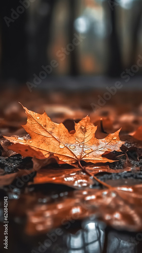 Close-up  autumn leaf in raindrops  generative AI.