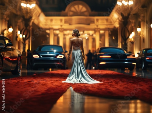 Stylish Woman in Sexy Evening Dress Arriving to Award Ceremony Walking Red Carpet. Woman in a Luxurious Dress on a Red Carpet. Blurred Background with a Copy Space. Made With Generative AI.