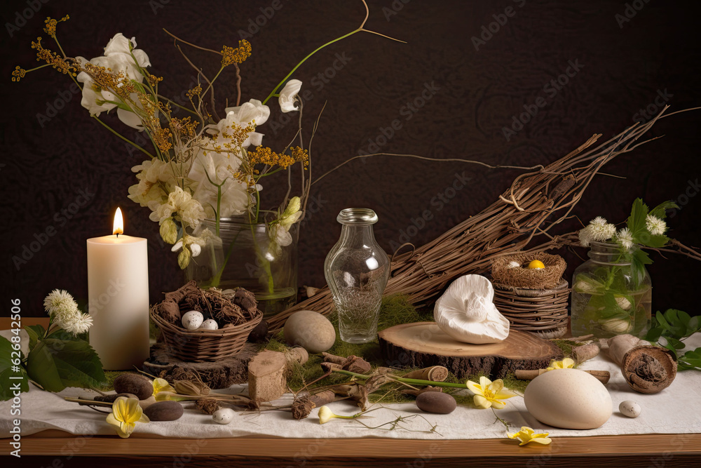 Still life, nature's altar with sticks, stones, shells, flowers
