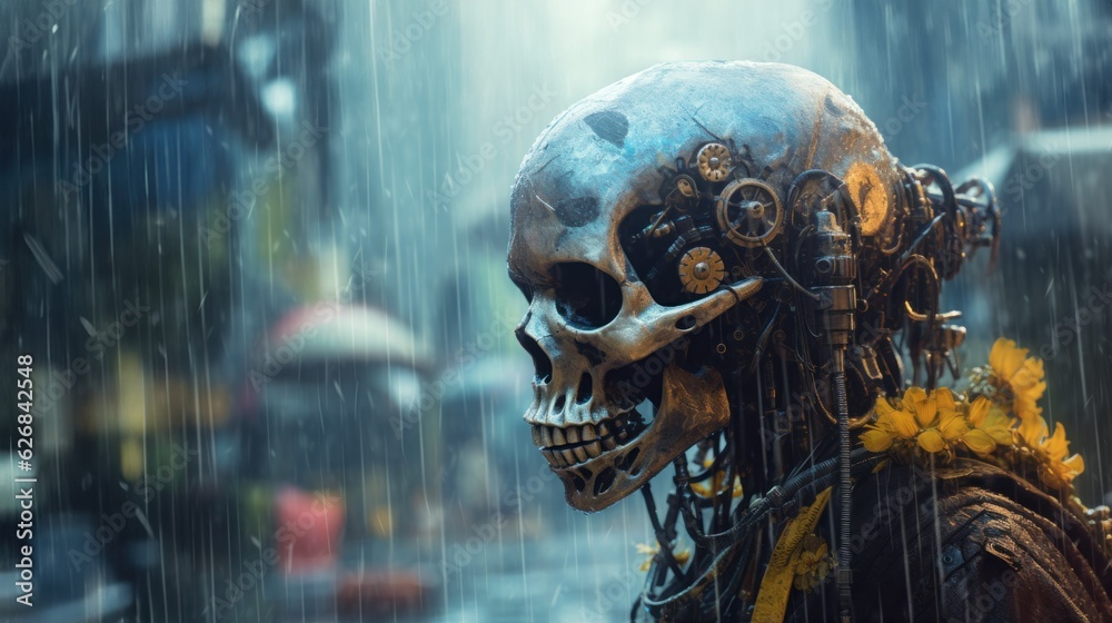 Portrait caricature of a random cyberpunk future city skeleton citizen on a rainy wet day, death is only the beginning in this new organic robotic utopia - generative AI