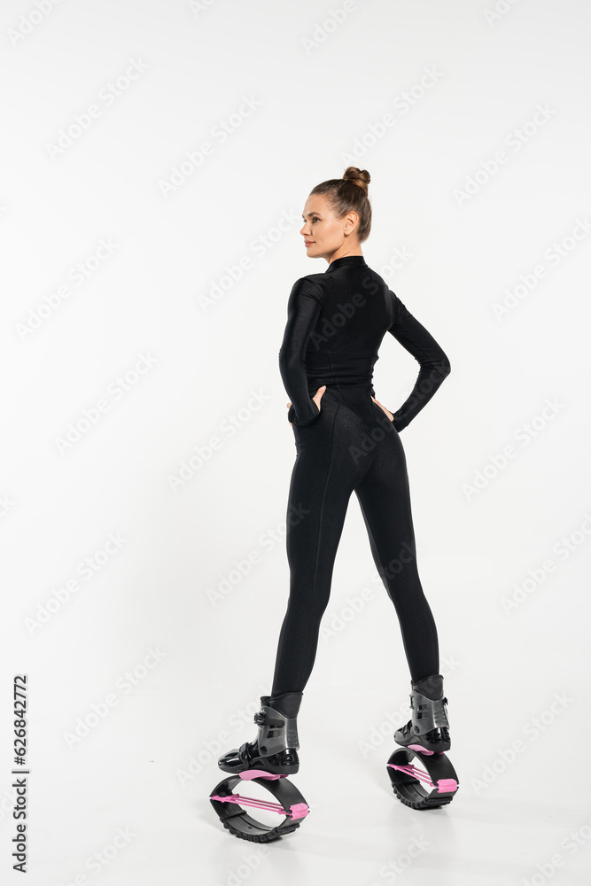 fitness, boots for jumping woman in kangoo jumping shoes, white, energy and dynamic, sport fitness, boots for jumping woman in kangoo jumping shoes, white, energy and dynamic, sport