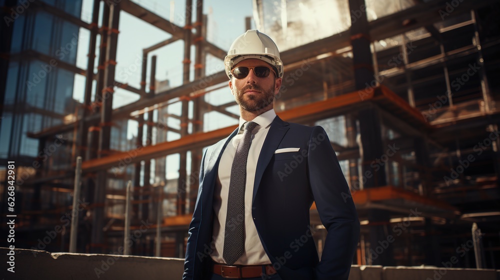 portrait of an architect or businessman standing at construction site portrait of an architect or businessman standing at construction site