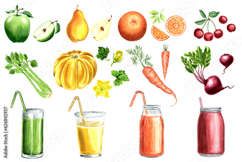 Fruits, vegetables and freshly squeezed fruit and vegetable cocktails for a healthy diet