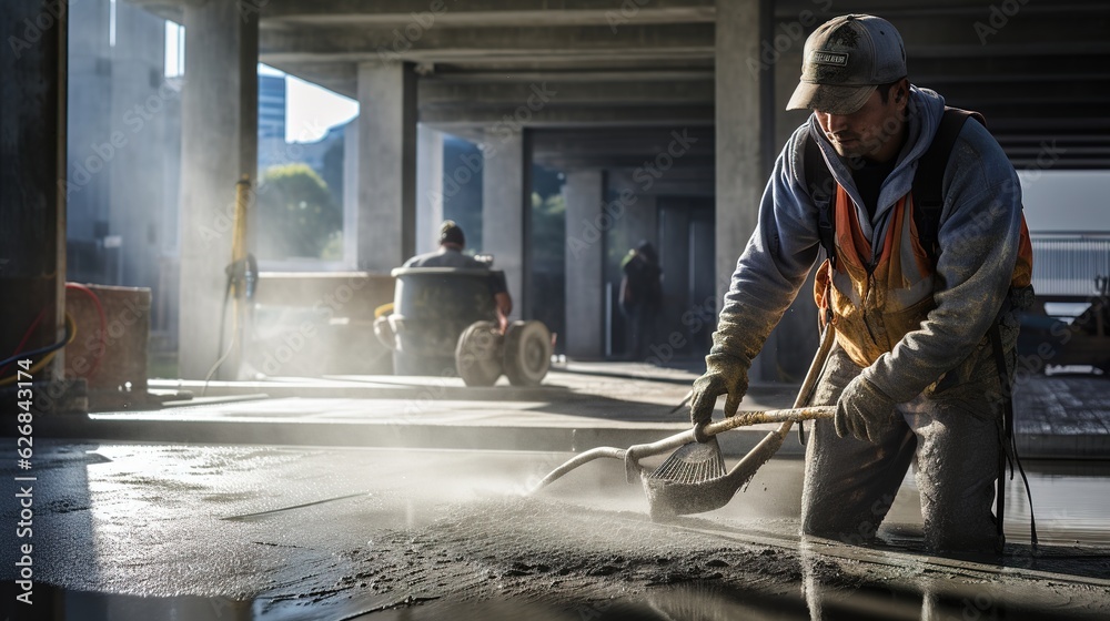 Construction worker finishing concrete at construction site with generative ai Construction worker finishing concrete at construction site with generative ai