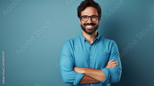 portrait of a businessman look at camera on gray background, arm crossed, handsome man