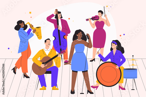 Music band playing. Musicians playing guitar, saxophone and drums, musicians playing classical music. Vector band concert illustration