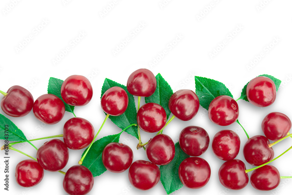 Ripe fresh cherry lies randomly with foliage isolated on transparent background. Ripe fresh cherry lies randomly with foliage isolated on transparent background.