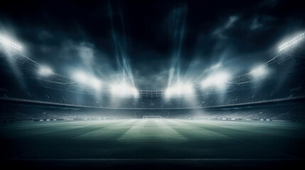 Stadium lights against dark night sky background. Soccer match lights. AI