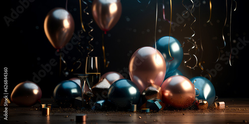Holidays background with balloons, confetti, sparkles, lights. Anniversary. Banner for birthday, party, Christmas, New Year, promotion social media cover. Generative Ai