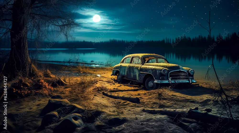 retro old car on the shore of the lake at evening, banner made with